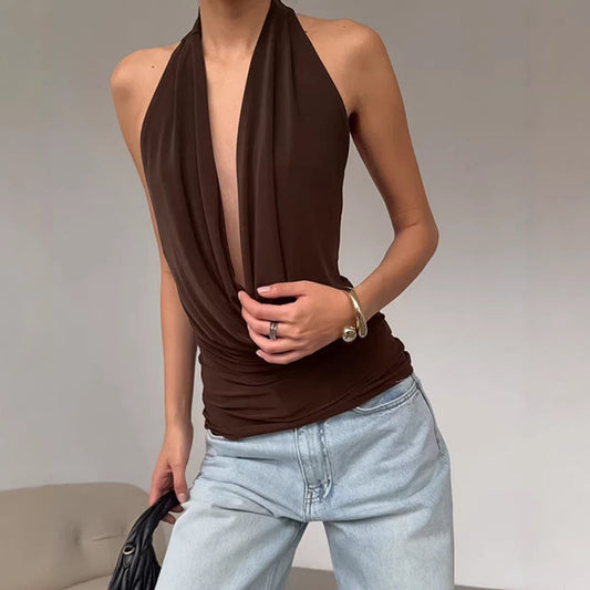 Spring Summer Designer Knitted Backless Boat-Neck Top Womens Clothing