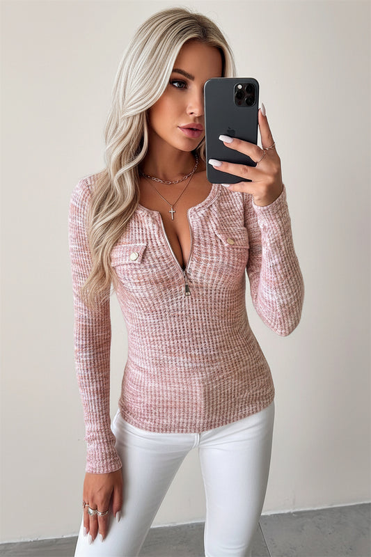 Knitted Slim-fit T-shirt Long Sleeve Pullover With Zipper
