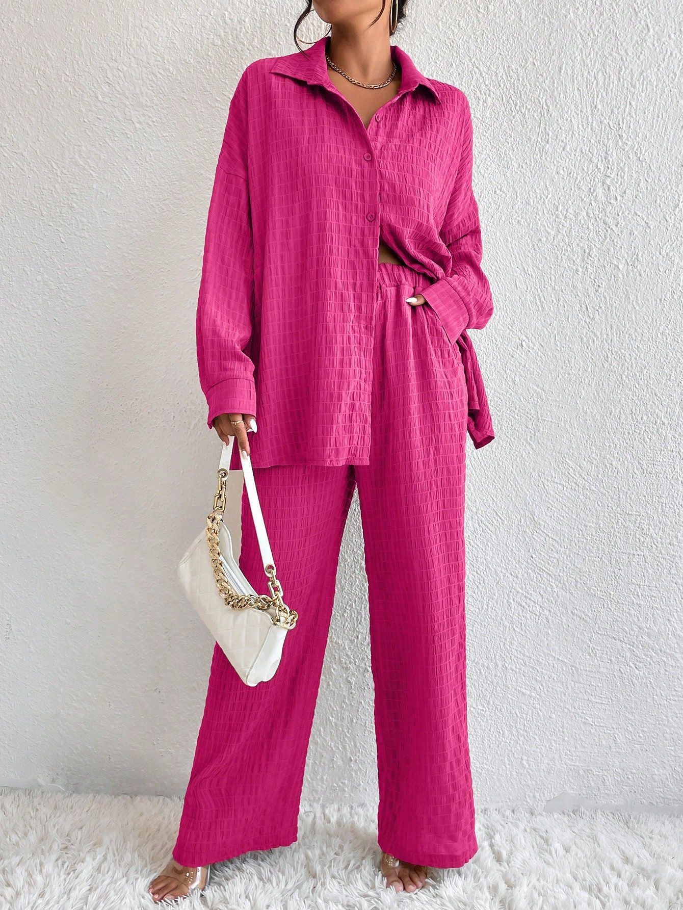 Summer New European And American Style Pleated Long-Sleeve Lapel Loose Two-Piece Set