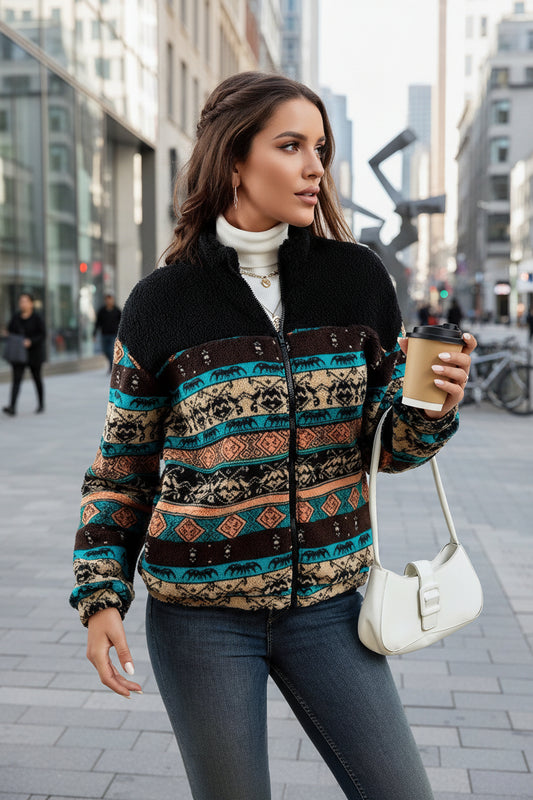 Double-sided Plush Stand-up Collar Zip-up Cardigan For Fall And Winter