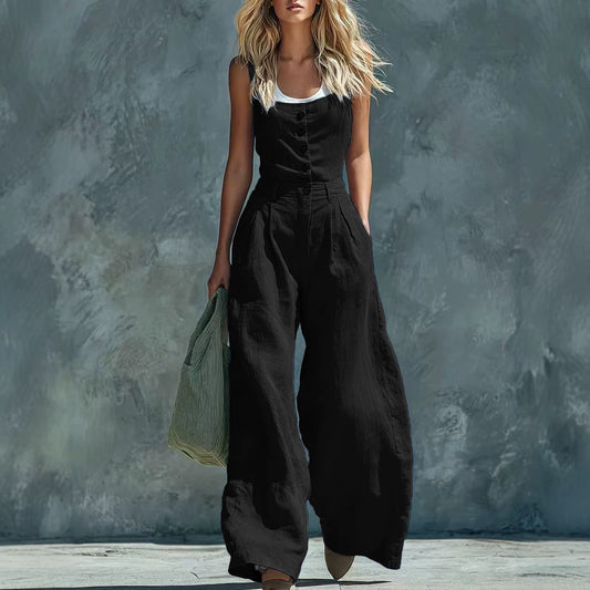 Womens Retro High-Waisted Wide-Leg Jumpsuit