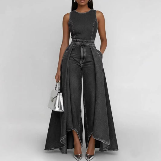 Crew-neck Sleeveless Casual Loose-fit Wide-leg Denim Jumpsuit