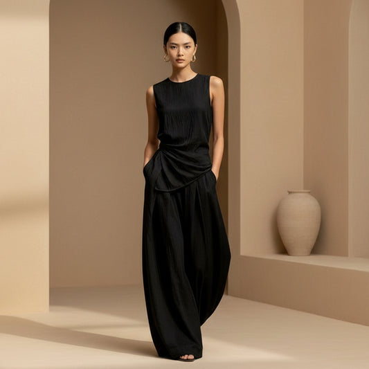 Womens Round-Neck Loose Sleeveless Top And High-Waist Pants Two-Piece Set