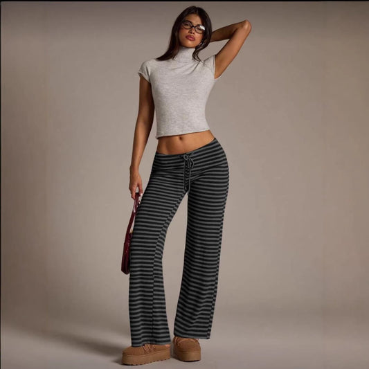 SpringSummer Womens Fashion Striped Casual All-Match Wide-Leg Flared Trousers