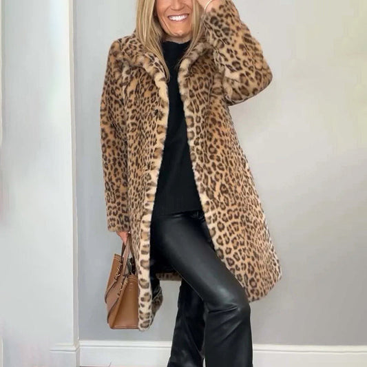 Women's Leopard Print Plush Jacket, Cozy Loose-Fit Warm Coat Elegant Medium-Length Fall Winter Outwear CJ US