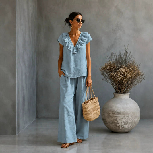 Women's V-neck Ruffled Hem Wide-leg Pants Set