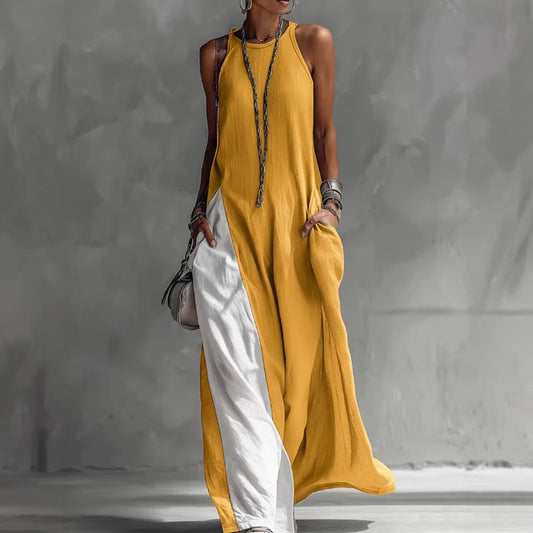 Sleeveless Loose Contrast Color Casual Off Shoulder Dress With Pockets