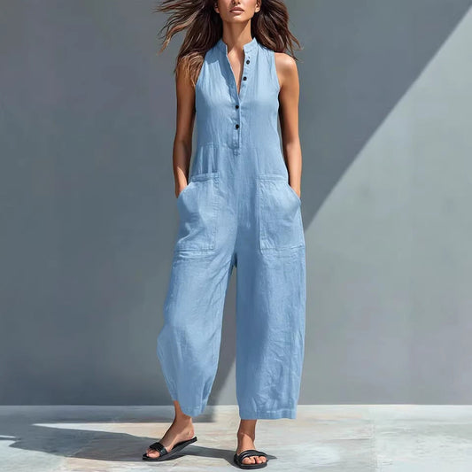 Casual Womens Buttoned Stand Collar Sleeveless Loose Jumpsuit