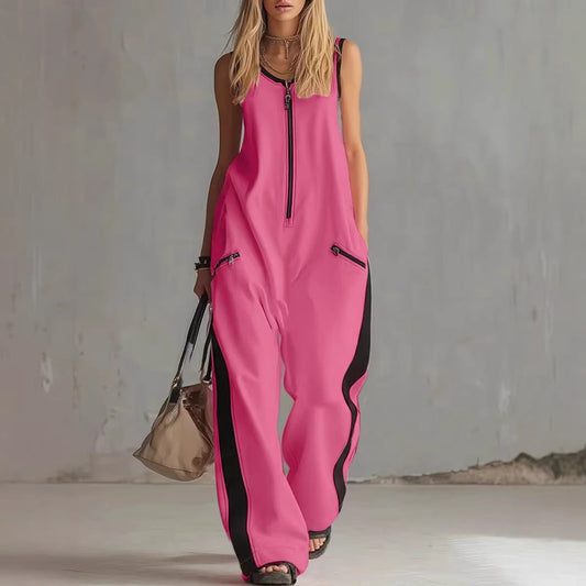 Zip-up Crewneck Sleeveless Casual Cotton Wide-leg Jumpsuit