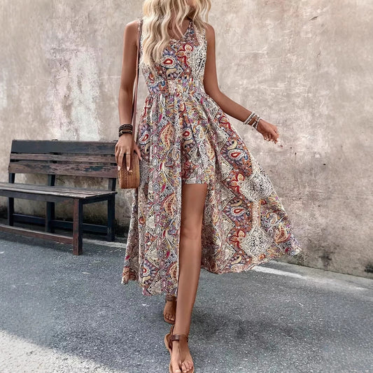 Summer Vacation Casual Chic Fashion Womens Printed V-Neck Sleeveless Jumpsuit