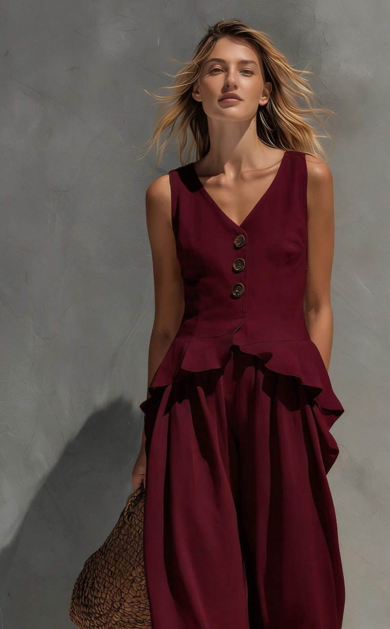 Sweatshirt-style Casual Sleeveless Top And Wide-leg Pants Two-piece Set
