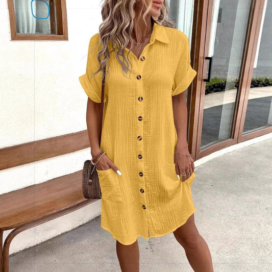 Casual Solid-Color Single-Breasted Mid-Length Short-Sleeve Dress