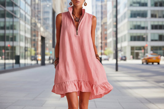 New Stylish Casual Loose Half-Zip Sleeveless Dress With Ruffle Hem