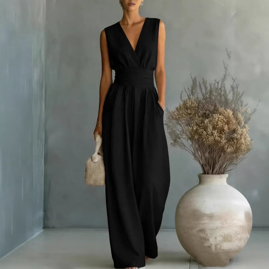 Womens Elegant Sleeveless Waist-Cinching V-Neck Sophisticated Jumpsuit