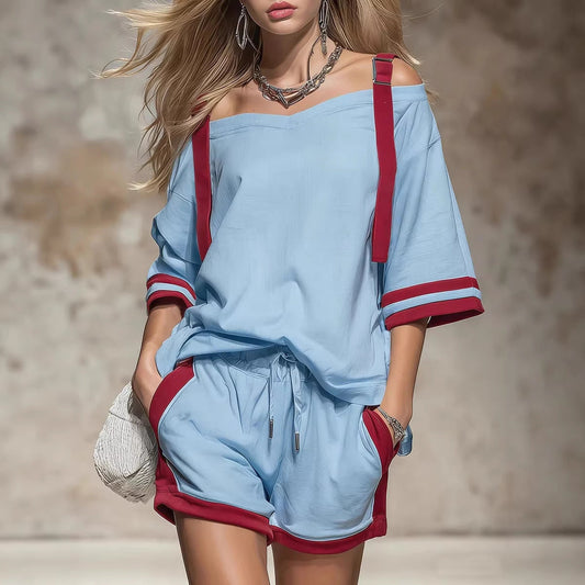 Summer Contrast-Colored Women's Patchwork Casual Shorts Set