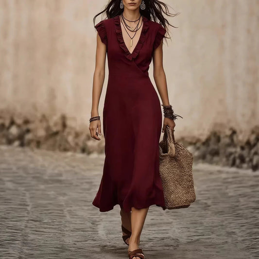 V-neck Cotton-Linen Flutter Sleeve Ruffle-trimmed Midi Dress For Women