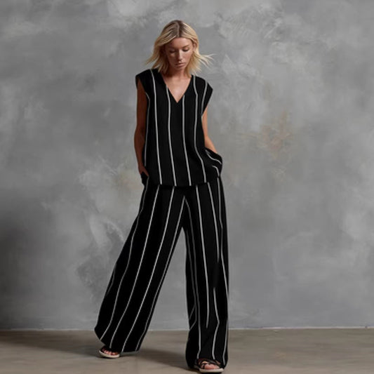French Minimalist Black And White Vertical Stripe Loose Cotton-Linen Womens Set