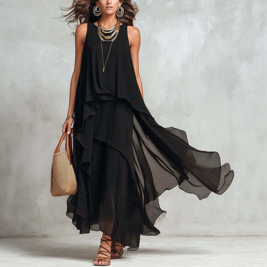 Black Sleeveless Asymmetrical Chiffon Maxi Elegant Flowing Womens Dress
