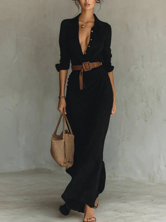 Autumn Elegant Solid Color Irregular Ruffled Dress With Belt, Sexy Slim Waist Long Dress