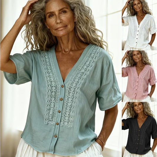 Loose-fit Faux Linen Embroidered Button-up Top