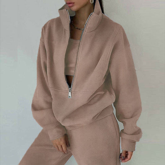 Women's 2-Piece Zip Neck Long Sleeve Sweatshirt & Slim Fit Pants Set - Sporty Streetwear Outfit For Fall&Winter CJ US