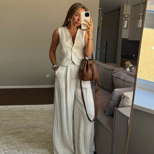 Simple And Elegant Vest Top High-Waist Wide-Leg Pants Casual Suit