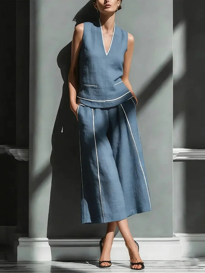 Casual Comfort Womens Sleeveless Linen Shirt Set