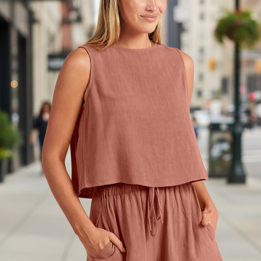 Women's Cotton-Linen Sleeveless Top & Wide-Leg Shorts Set – Retro Street Style