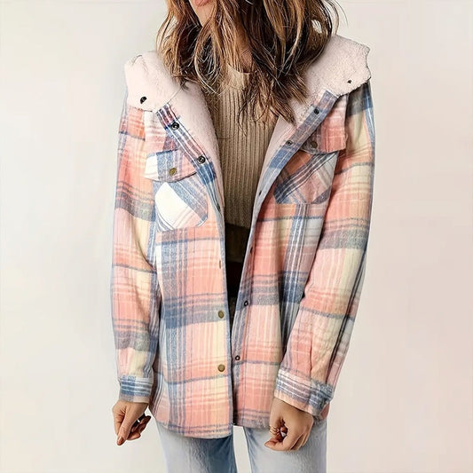 Women's Plaid Button-Up Long Sleeve Jacket Fall Winter Flap Button Pocket Design Casual Hooded Fleece-Lined Warm Coat CJ US