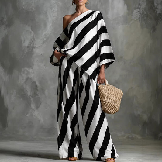 Retro Striped Printed Chiffon Top And Wide-leg Pants Set