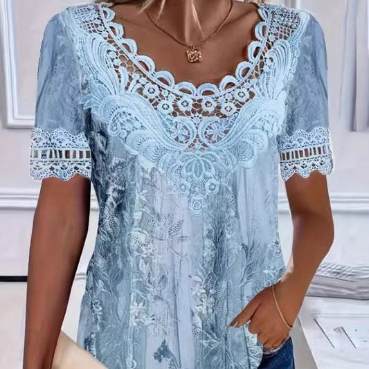 Women's Lace-Patchwork Crew-Neck Short-Sleeve T-Shirt