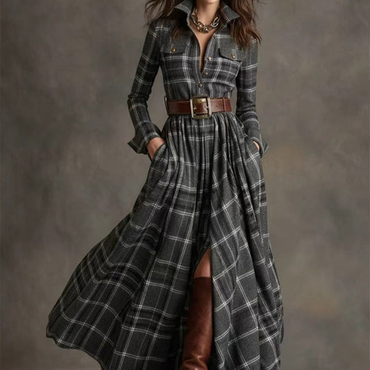 Ins Plaid Print Long-Sleeved Dress Fashion Pockets Collared Buttons Shirt Long Dresses Retro Women's Clothing