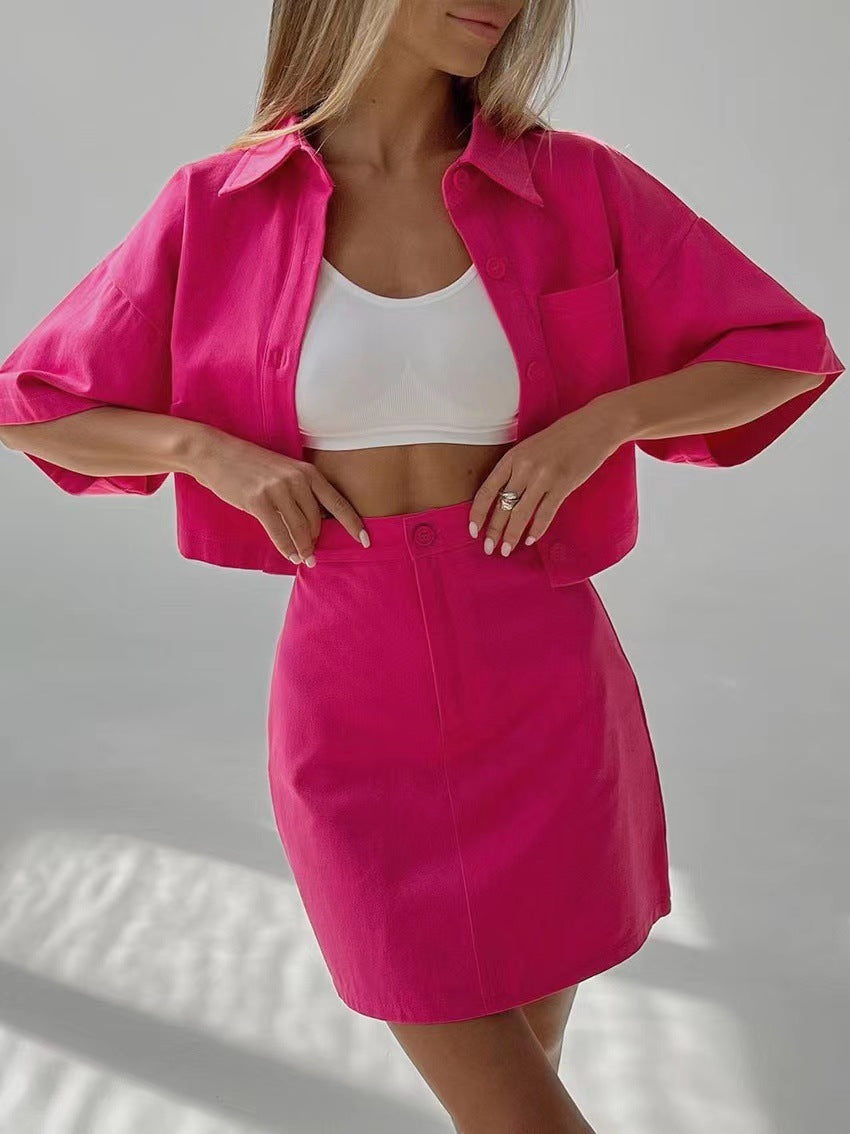 Womens Preppy Style Design-focused Short-sleeve Short-skirt Set