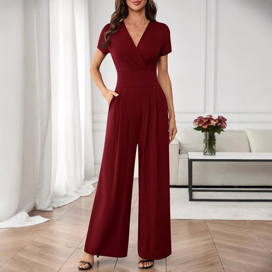 Women's Solid-Color Short-Sleeve Pleated Wide-Leg Jumpsuit