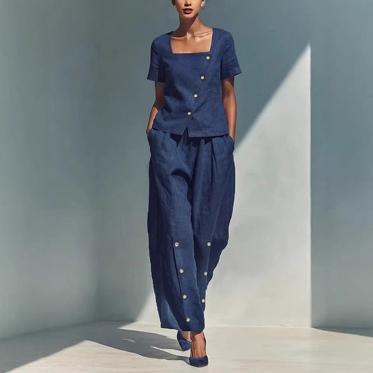 Womens Loose Short-Sleeve Top And High-Waist Pants Two-Piece Set