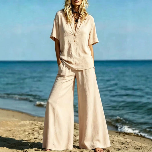 Button-down Shirt And Wide-leg Pants Two-piece Set For Women