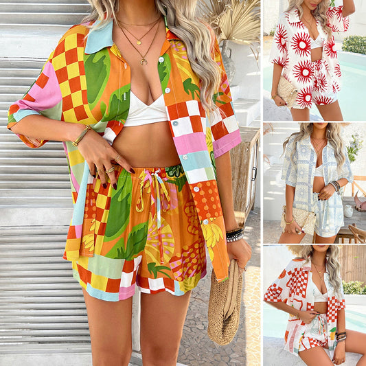 Casual Resort Style Floral Color-Block Cardigan And Shorts Set