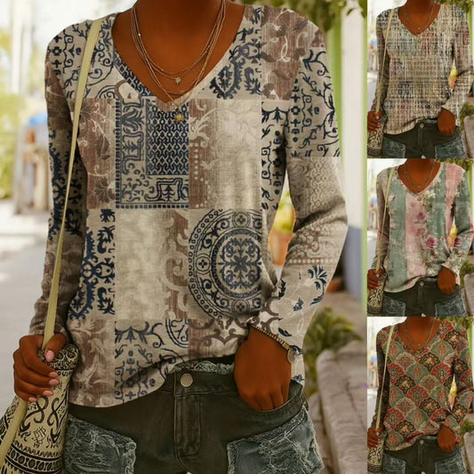 Fashionable Ethnic-Style Printed V-Neck Long-Sleeve T-Shirt