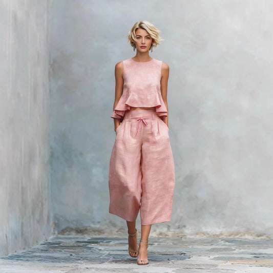 Womens Linen-blend Two-piece Set With Ruffled Detailing