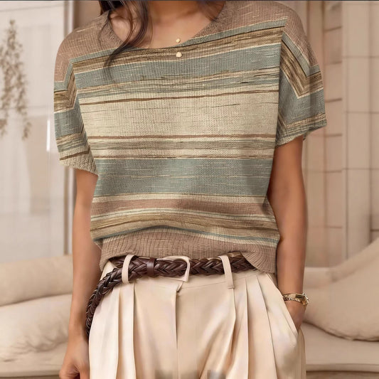 Retro Short-Sleeve Sweater Contrast-Color Jacquard Knit Top