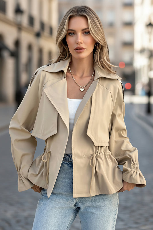 Drawstring-waist Relaxed-fit Figure-flattering Trendy Coat For Petite Frames