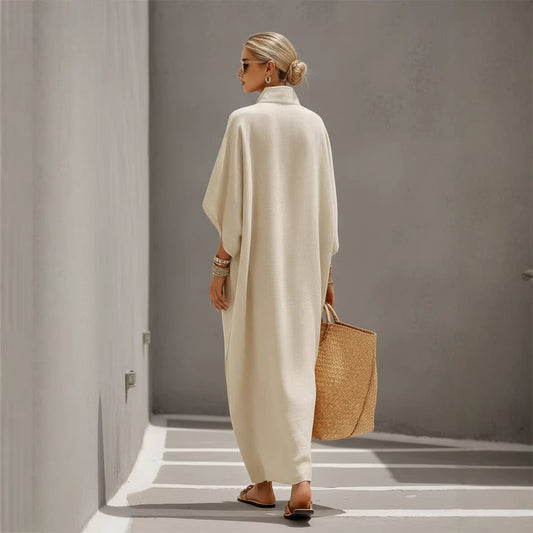 Womens Stand Collar Button-Down Loose Straight Long Dress
