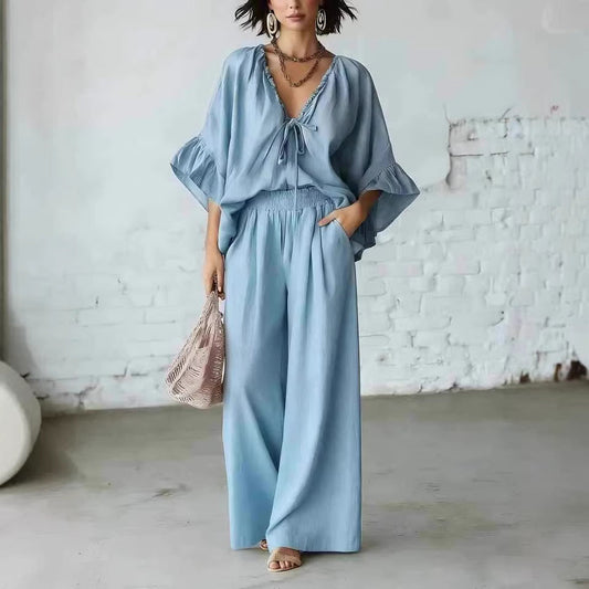 Loose-fit Cotton-linen V-neck Wide-leg Pants Two-piece Set
