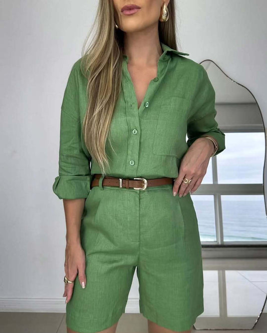 Casual Long-Sleeve Shirt And Shorts Womens Set