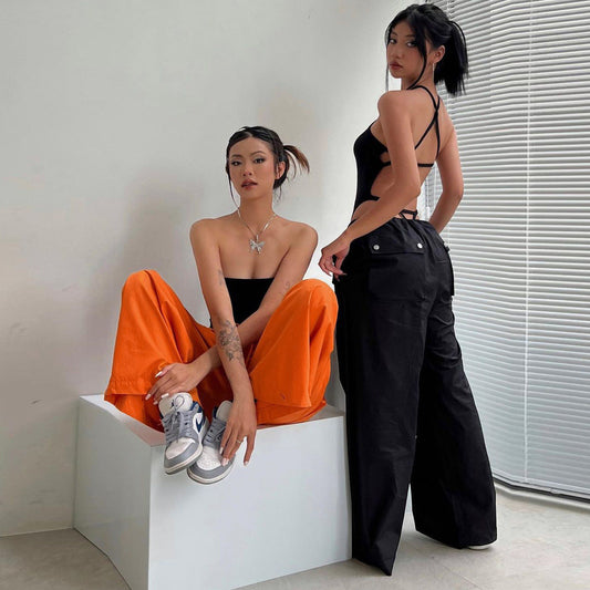 Solid-color Lace-up Loose-fitting Straight-leg Work Pants