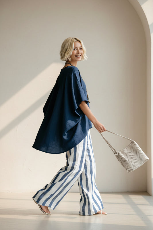 New Striped Batwing-Sleeve Loose Cotton-Linen Two-Piece Set