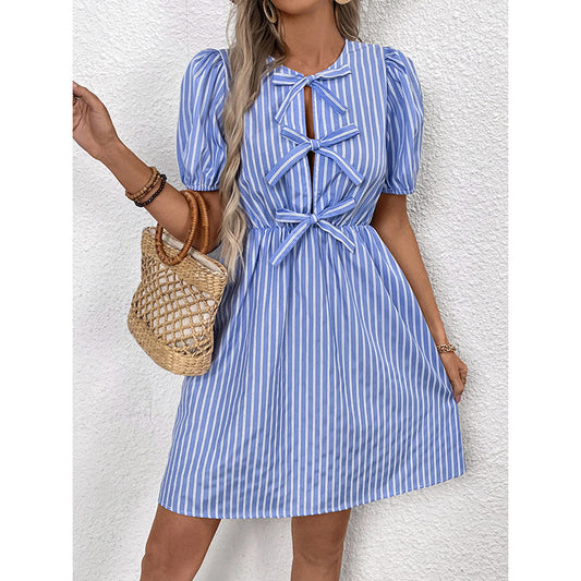 Women’s Striped Tie-Front Puff Sleeve Mini Dress CJ US