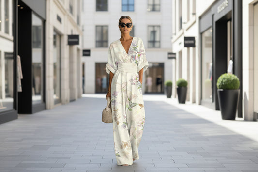 Waist-cinched V-neck Printed Womens Jumpsuit