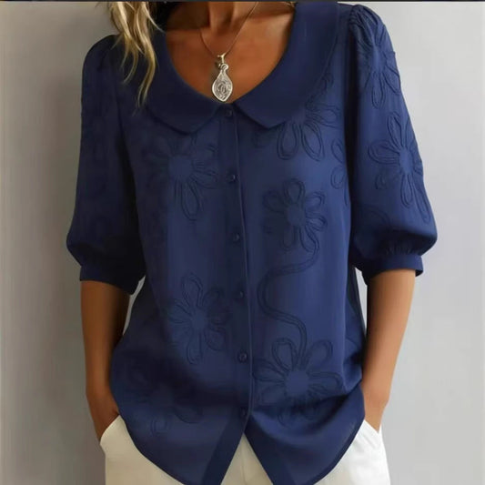 Loose-fit Retro Buttoned 3D Embroidered Floral Shirt