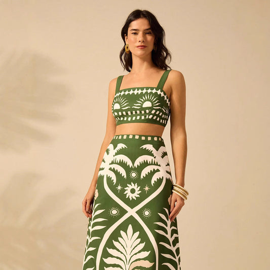 Womens Printed Camisole And High-waisted Straight Midi Skirt